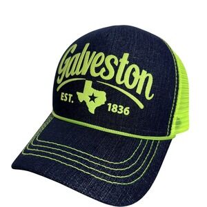 Galveston Hat Cap Snap Back Mens One Size Denim Neon Green Texas Souvenir